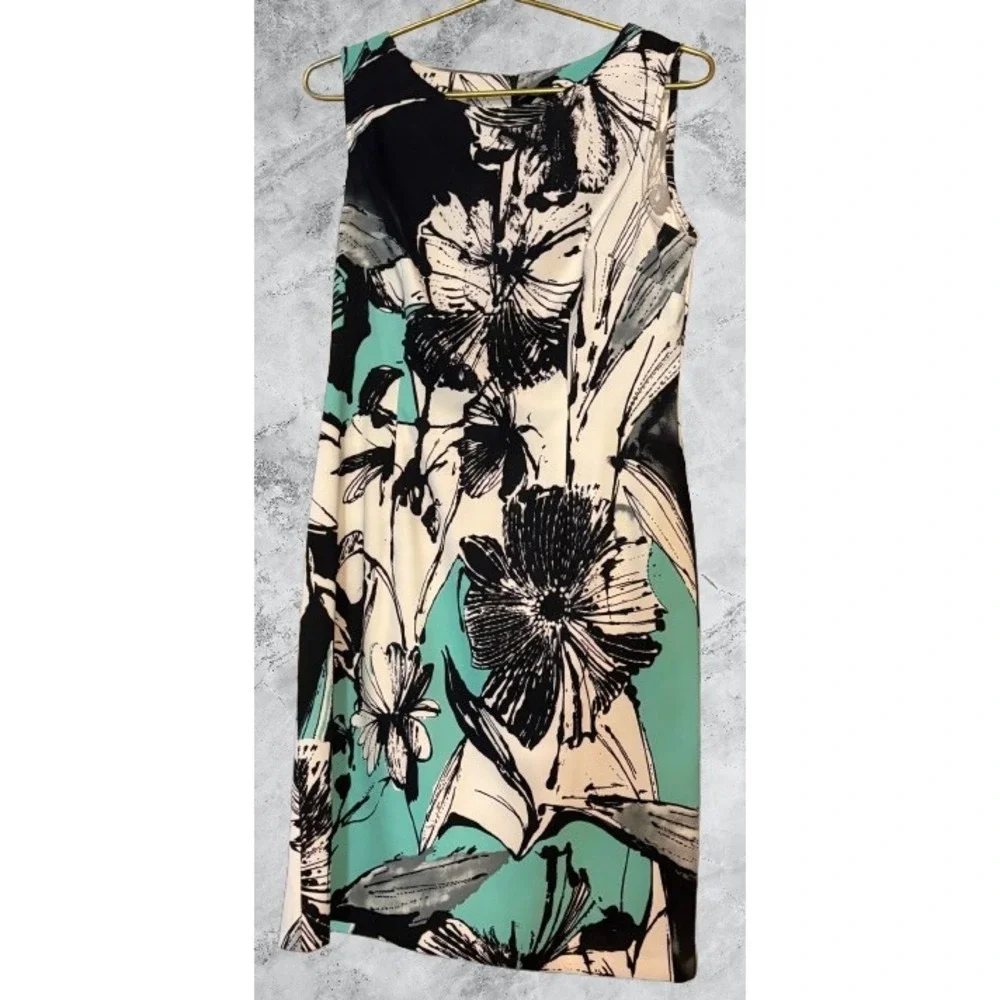 Connected Apparel Teal Black Floral Sheath Dress Sleeveless Size 10 TAJ53513M - Picture 1 of 5